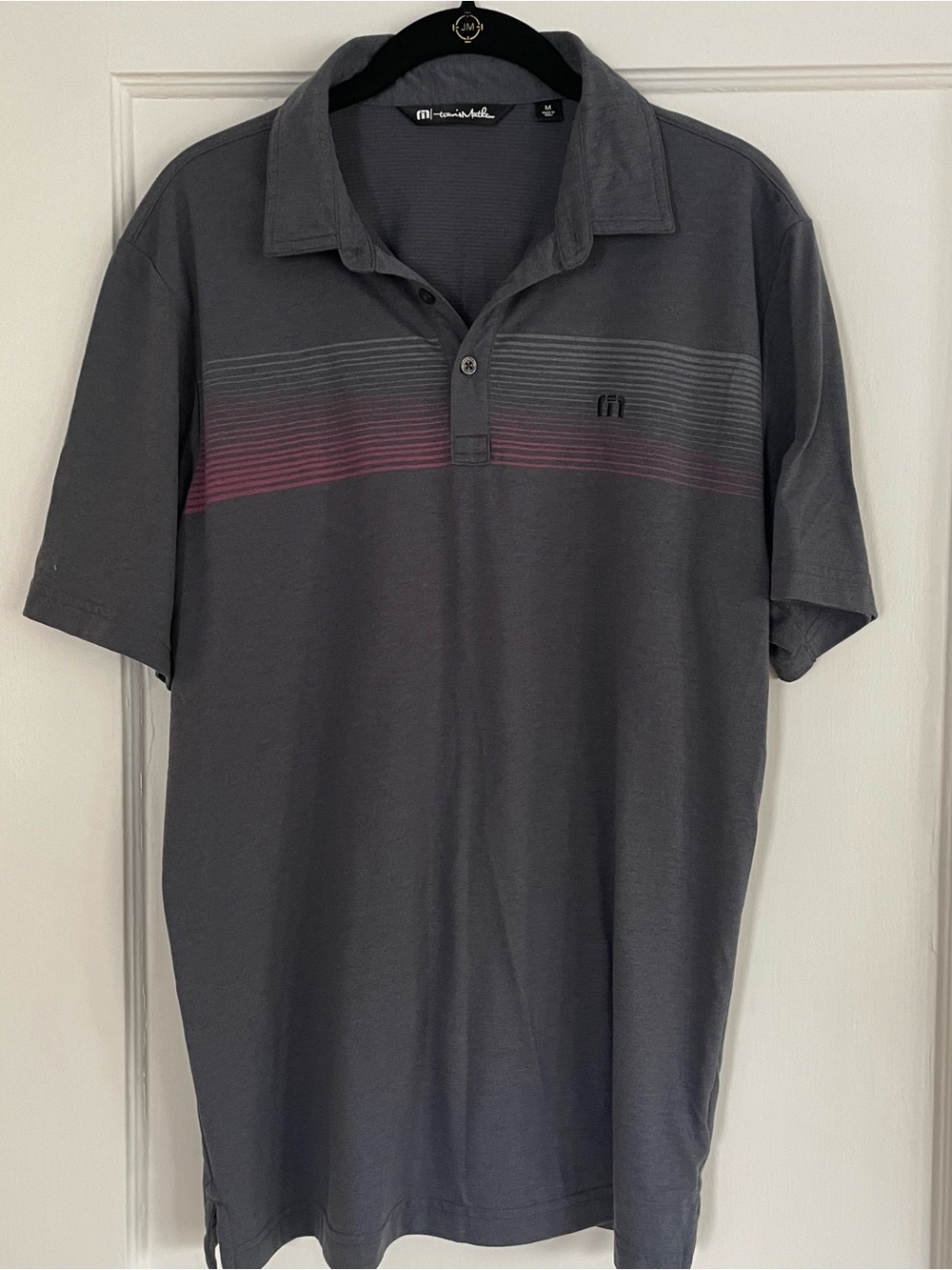 Travis Mathew Charcoal Polo with Subtle Pink Stripe size M
